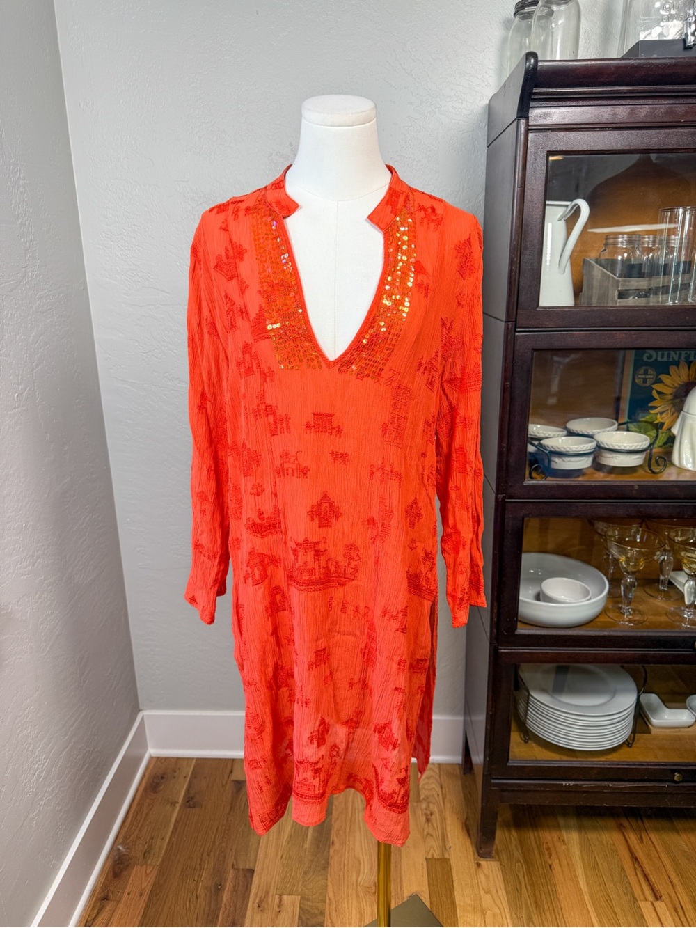 Vintage Chico’s 100% Silk Orange Embroidered Sequin Tunic Dress Size 2 L